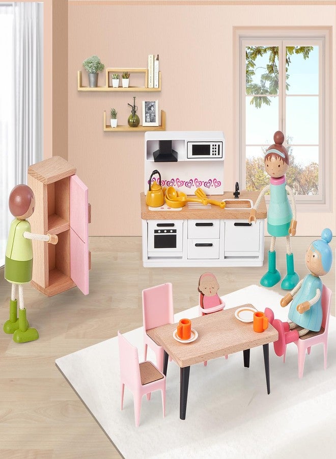 Giant bean 36pcs Wooden Dollhouse Furniture Set with Dolls for 5 Rooms, Wood & Plastic Pink Dollhouse Accessories Pretend Play Furniture Toy Christmas Birthday Gift Toy for Kids Boys Girls Toddler 3+ - Image 3